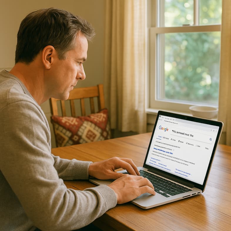 A homeowner at a kitchen table browsing Google on a laptop, typing 'tree removal near me'