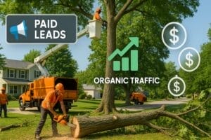 Paid and Organic Leads Overlay Tree Service Workers in the Background
