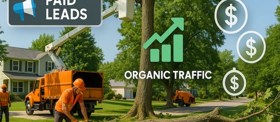 Paid and Organic Leads Overlay Tree Service Workers in the Background